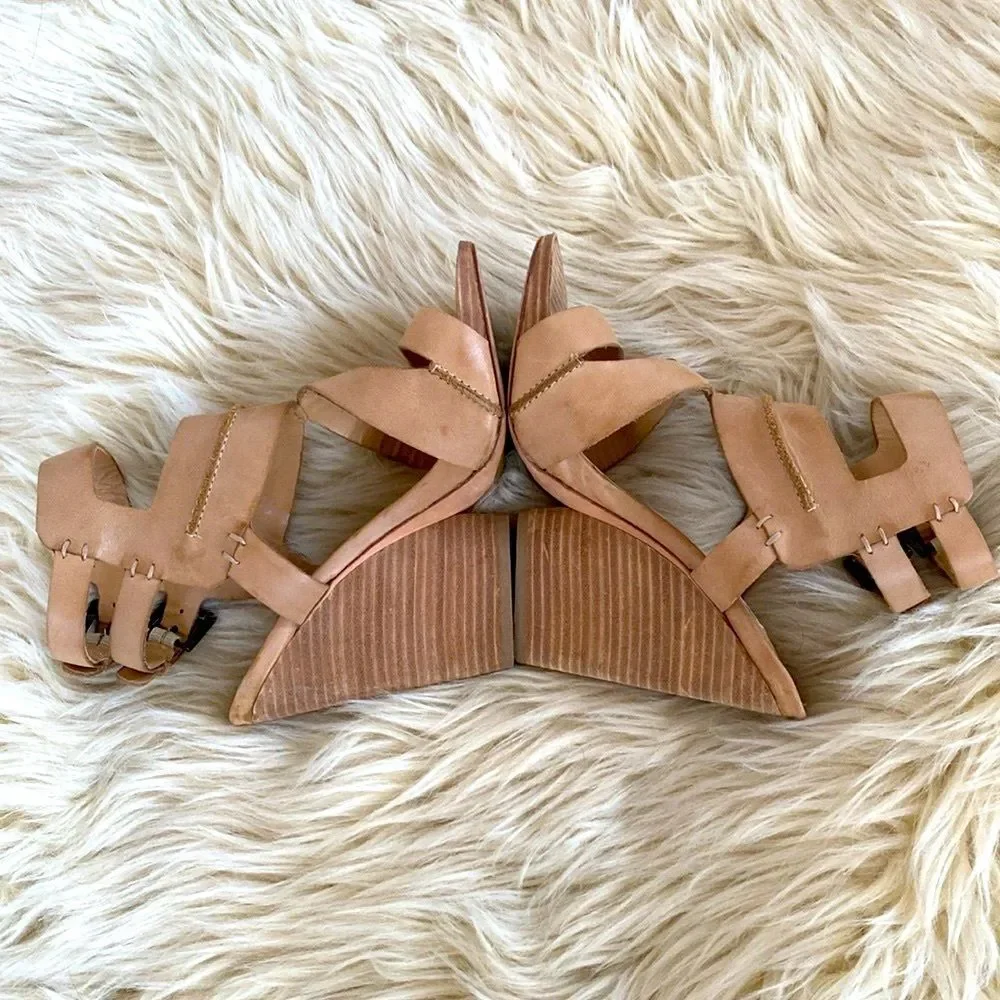 Leon Max Tan Wedge Sandals Chunky Heel Ankle Straps 8.5 New Boho Beach Vacation